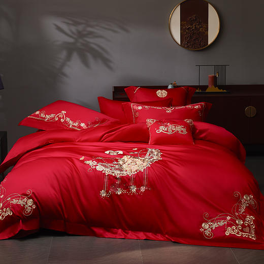 自然醒100支长绒棉轻奢婚庆四件套多件套床裙系列大红纯棉被套床盖床裙结婚简约床品GDS 商品图0