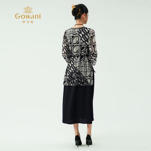 乔万尼新款2025经典黑白波普假两件收腰飘逸100%真丝连衣裙ED2E553 商品图4