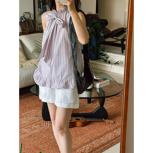 HeyDress条纹飘带衬衫女夏季法式浪漫显瘦荷叶边衬衣别致无袖上衣 商品图2