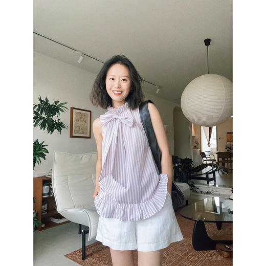 HeyDress条纹飘带衬衫女夏季法式浪漫显瘦荷叶边衬衣别致无袖上衣 商品图0