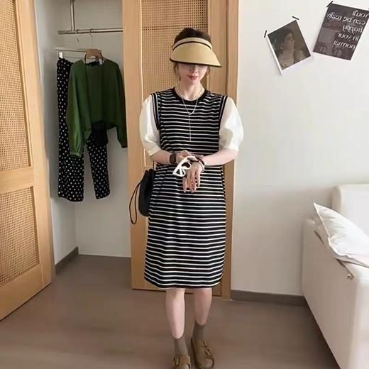 七夕福利-NO退【连衣裙】2038超顺滑天丝泡泡袖条纹连衣裙-喜出 商品图3