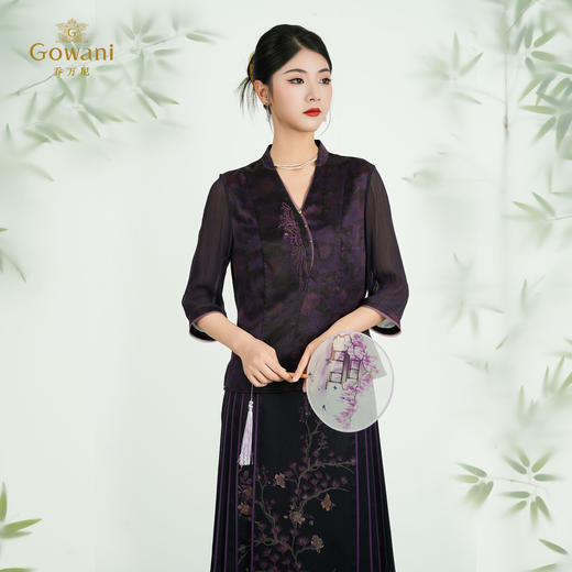 乔万尼2025夏季新品新中式晕染印花100%真丝刺绣上衣ED2C486 商品图3