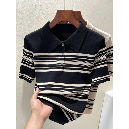雀说莱赛尔天丝polo半开纽扣领短袖条纹冰丝针织衫法式正肩上衣AL1223 商品图0