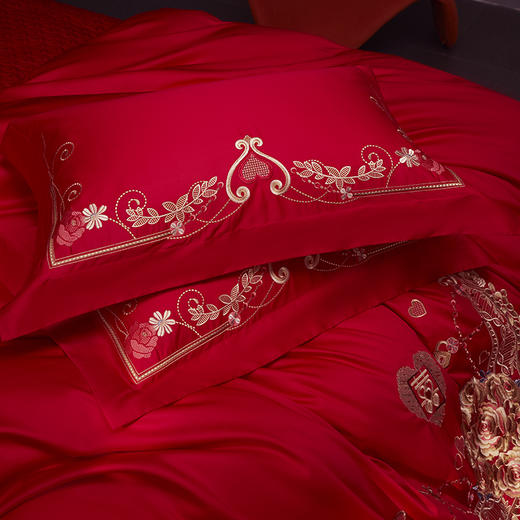 自然醒100支长绒棉轻奢婚庆四件套多件套床裙系列大红纯棉被套床盖床裙结婚简约床品GDS 商品图7