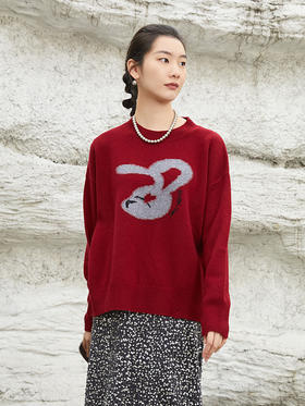 秋冬氛围感叠穿 酒红底色破洞设计 卡通兔子爱心提花宽松休闲针织上衣