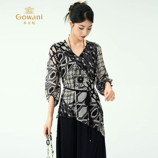 乔万尼新款2025经典黑白波普假两件收腰飘逸100%真丝连衣裙ED2E553 商品图1