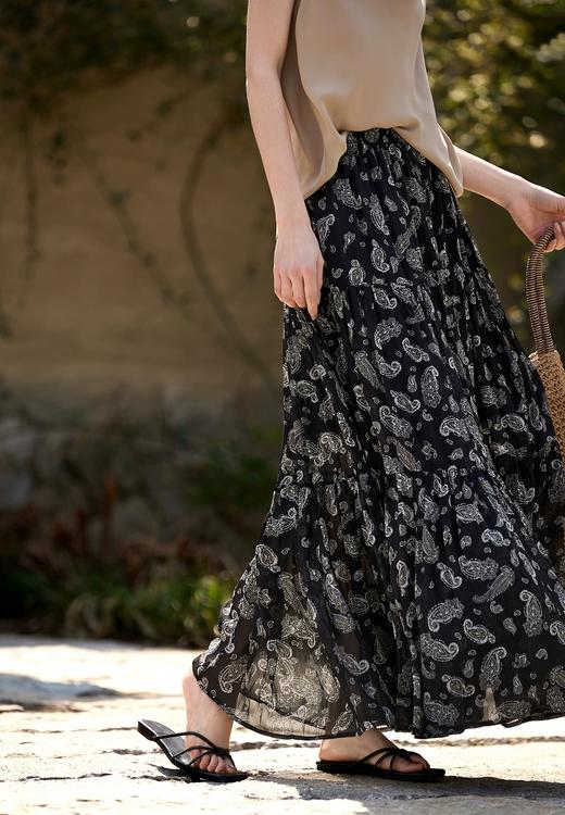 复古腰果花印花半身裙法式大气飘逸碎花长裙A字裙 商品图1