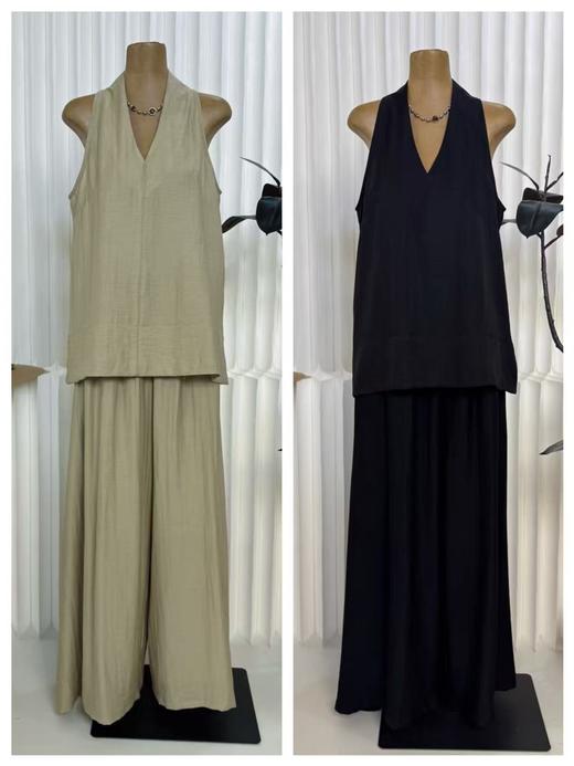 套装【韩系2025】867韩版高级感挂脖天丝麻上衣➕阔腿裤两件套-喜出 商品图2