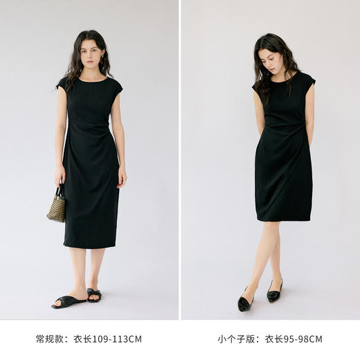 HeyDress法式连衣裙女夏季圆领收腰显瘦设计感宽肩袖通勤小黑裙子 商品图1
