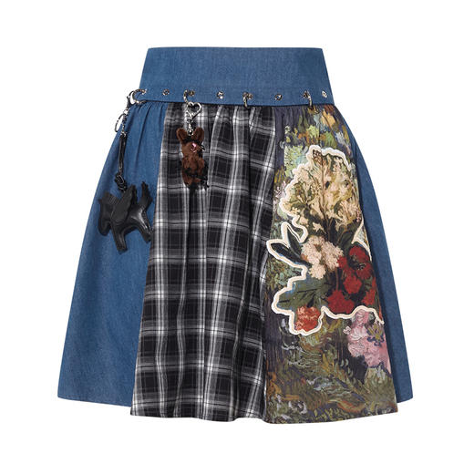 两三事梵高文艺经纬格律2025夏新款印花贴布绣格子拼接牛仔半身裙 商品图4