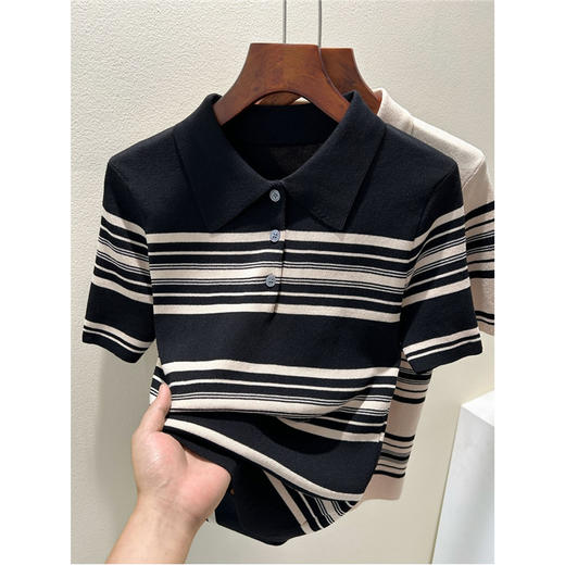 雀说莱赛尔天丝polo半开纽扣领短袖条纹冰丝针织衫法式正肩上衣AL1223 商品图2