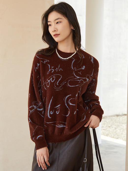 潮趣氛围感 深棕色毛绒质感圆领毛衣 手绘风字母卡通涂鸦满印设计休闲针织衫 商品图0