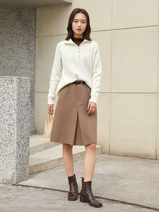 奶白色半拉链高领绞花针织毛衣 宽松慵懒坑条纹理显瘦保暖秋冬通勤温柔气质套头上衣 商品图1