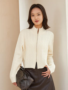 酒红色拉链针织开衫 复古风立领短款毛衣外套 冬季显瘦百搭质感女式上衣