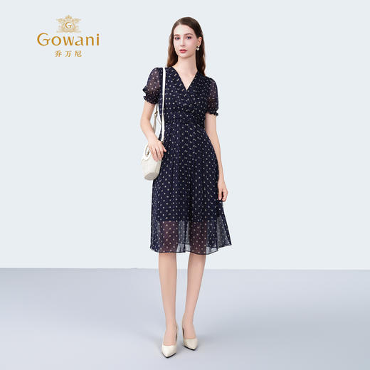 乔万尼2025夏季新品100%真丝V领法式印花收腰茶歇连衣裙ED2E402 商品图2