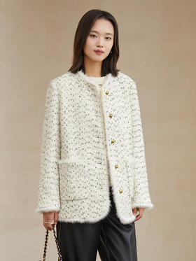 秋冬新款小香风粗花呢外套女圆领单排扣仿貂毛边设计感宽松夹棉上衣