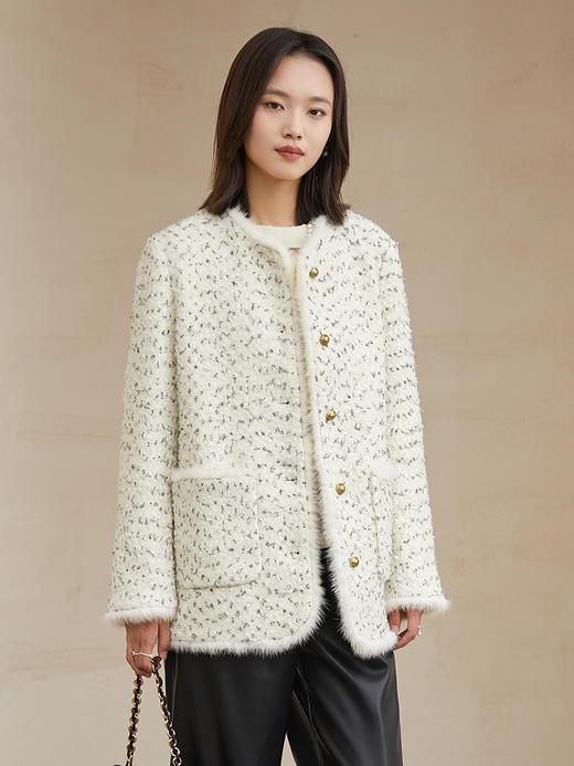 秋冬新款小香风粗花呢外套女圆领单排扣仿貂毛边设计感宽松夹棉上衣 商品图0