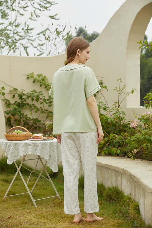 【79元限时秒杀】【秀黛】女莱赛尔绣花翻领短袖套装女士夏季睡衣家居服ML554014T【门店同款】 商品图11