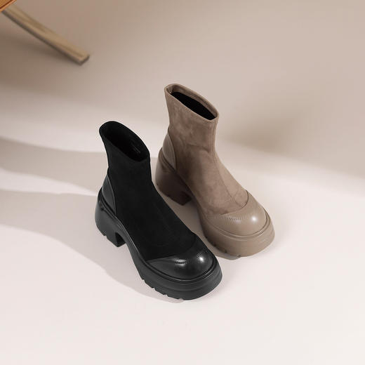 westory2024年秋冬新款优雅风厚底粗跟百搭短靴切尔西S24DS84671 商品图0