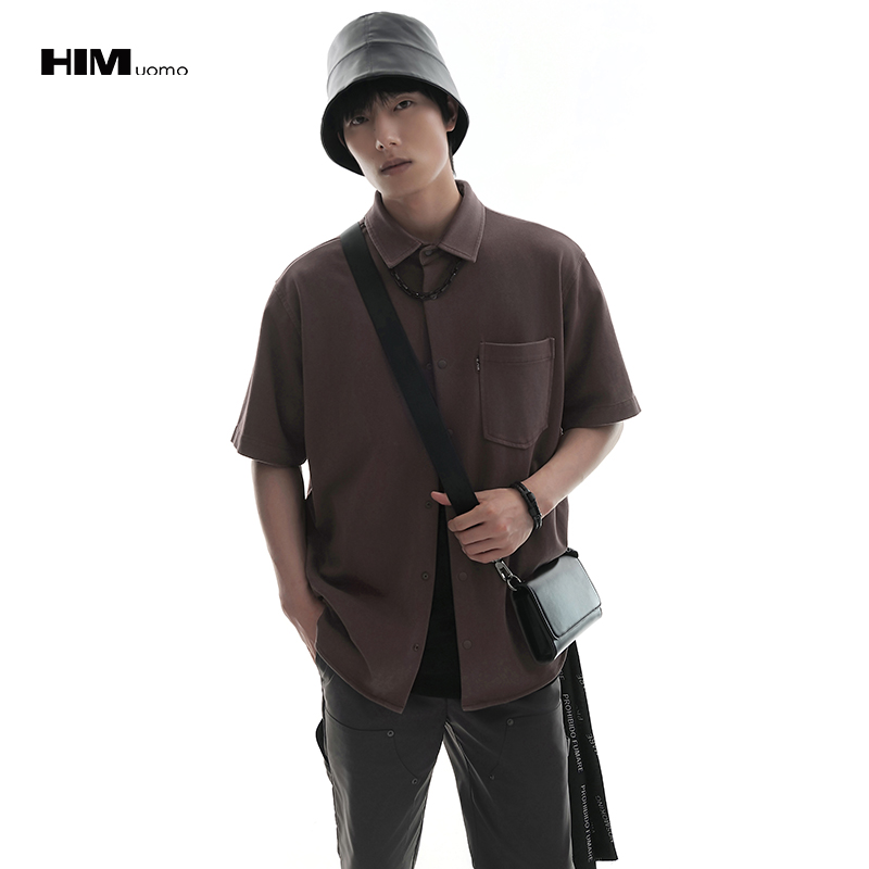 HIM漢崇  时尚简约织唛工装口袋舒适宽松休闲短袖衬衫男 2026春季