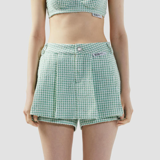 GCDS 女士字母徽标标签涤纶粗花呢褶皱迷你裙 浅绿色 B1CW3207TN4 83 商品图1