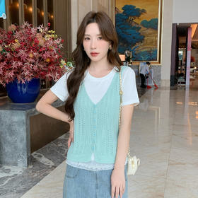 奢姿大码女装2025夏季减龄花边拼接针织背心两件套胖妹妹时尚套装9952953266AB