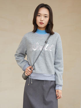 花灰色圆领短款卫衣 亮片字母印花宽松落肩袖休闲显瘦秋冬通勤温柔气质百搭套头上衣