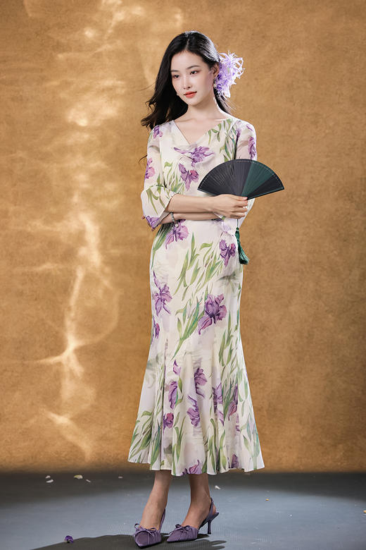 逸红颜明月优选「咏紫鸢」清丽婉转·鸢尾花荡领鱼尾，古典雪纺连衣裙 商品图6