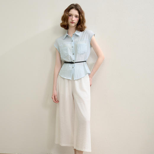 夏日清爽海盐风套装女夏季衬衫搭阔腿裤两件套配饰带H0051075 商品图2