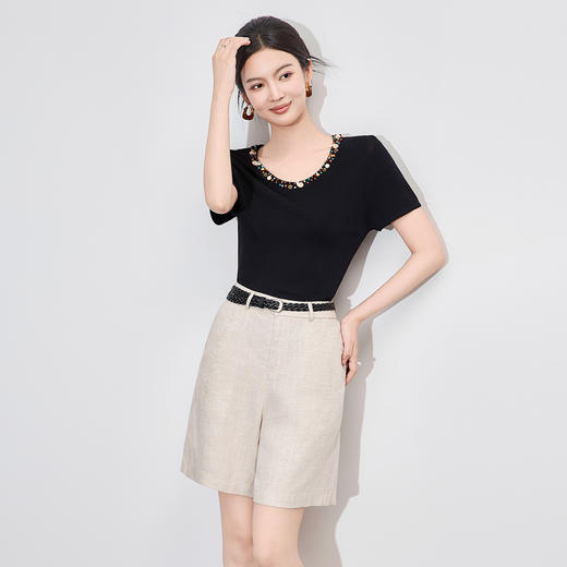 「高货wl」全新升级【铂金会员183/天猫249/差价66】(12958)洛诗琳重工串珠凉感针织T恤2025夏季通勤百搭短袖上衣女 商品图1