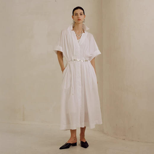 长款V领蝙蝠袖亚麻衬衫裙 商品图0