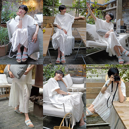 HIDEMI度假系列落肩T恤进口高织自然棉拼接缎面百褶裙款连衣裙 商品图1