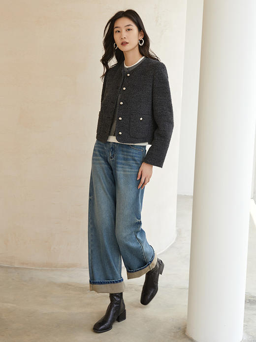 法式小香风深灰色粗花呢短款外套 圆领单排银扣口袋设计 秋冬高级感修身名媛风上衣 商品图1