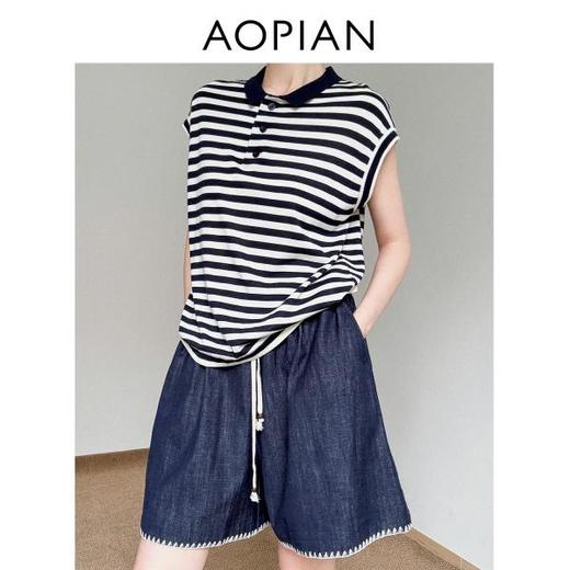 奥篇大王条纹短袖T 天丝真丝混纺纱 小翻领包肩短袖T 商品图4