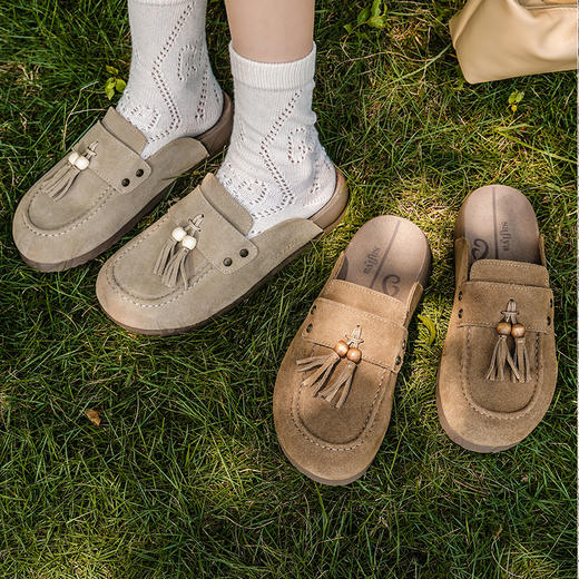 Safiya/索菲娅2025复古厚底包头外穿休闲流苏百搭穆勒勃肯拖鞋SFD3110081 商品图0