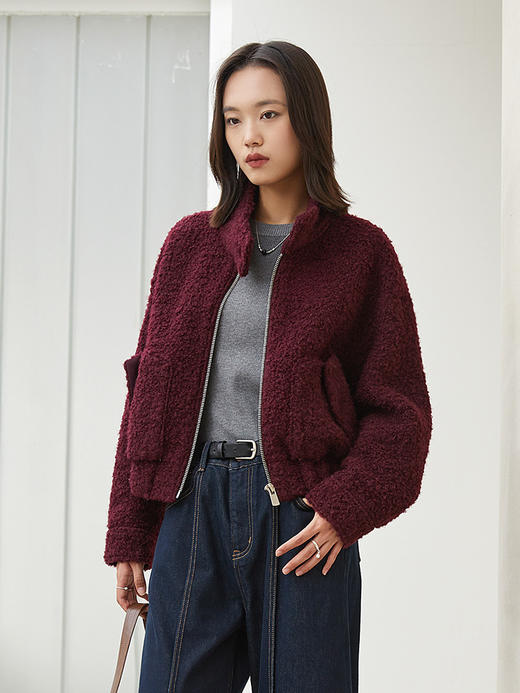 酒红色立领拉链羊羔毛外套 短款宽松毛绒夹克 口袋纽扣装饰秋冬保暖上衣 商品图0
