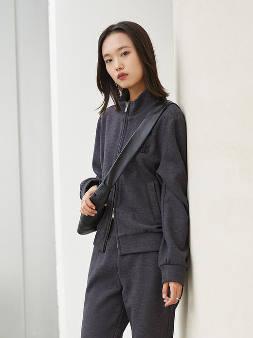 深灰色立领拉链运动风外套 刺绣字母短款夹克 秋冬季休闲百搭显瘦女式卫衣开衫 商品图0