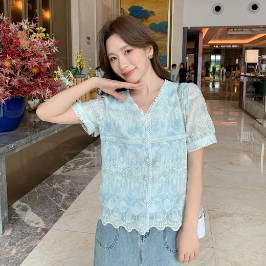 【清仓超15天不保价】奢姿大码女装2025夏季胖妹妹法式V领刺绣复古不规则遮肉时尚上衣9952153451 商品图4