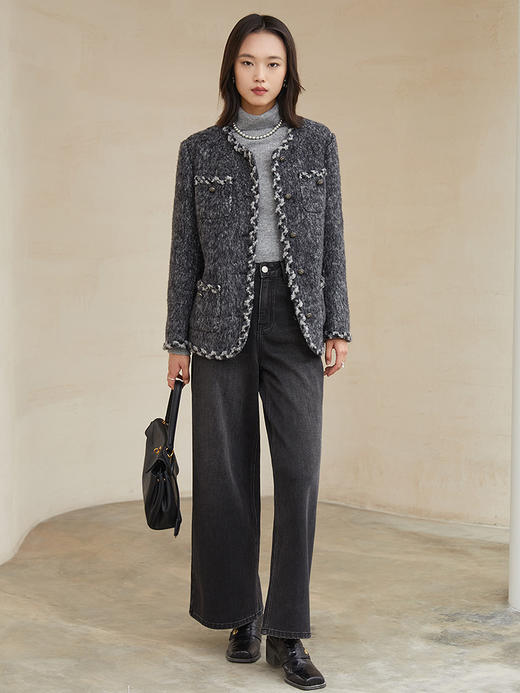 灰黑混纺粗花呢小香风外套 撞色毛边金属扣短款夹克 复古优雅秋冬质感上衣 商品图1