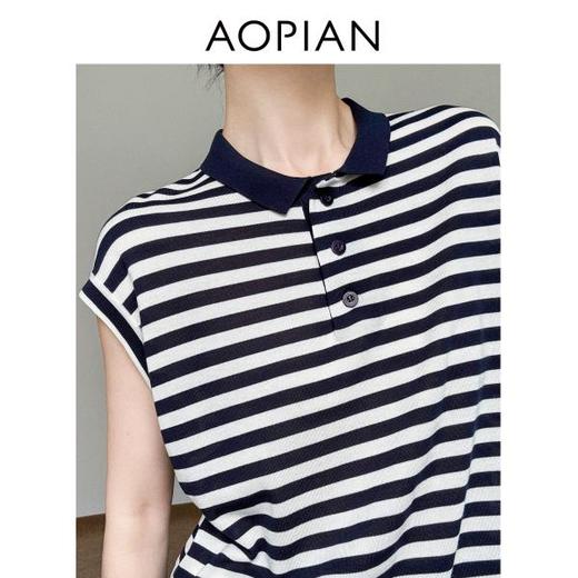 奥篇大王条纹短袖T 天丝真丝混纺纱 小翻领包肩短袖T 商品图3