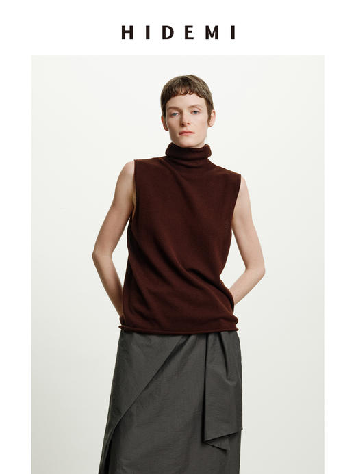 HIDEMI 澳洲进口美利奴羊毛立领堆堆领极简多穿针织毛衣背心 深藏蓝/巧克力色/黑色/奶油黄 商品图5