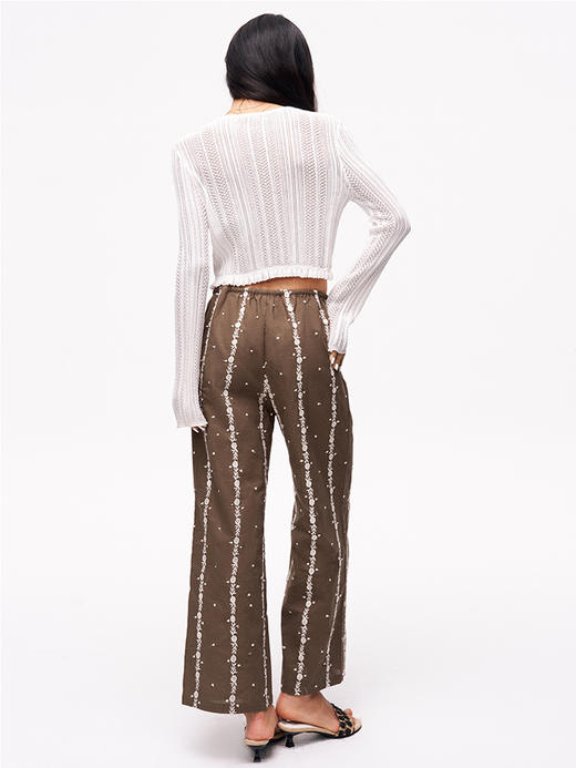 TR她热 松弛计划 棕色棉感碎花刺绣抽绳宽松直筒九分休闲裤 商品图4