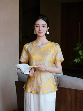 盛唐婧| 桑蚕丝牡丹提花修身国风简约短袖-黄色