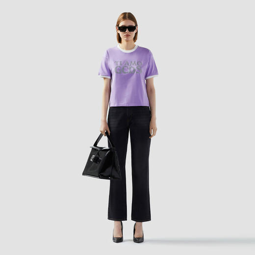 GCDS 女士字母徽标闪光印花棉质圆领短袖T恤 深紫色 B1CU2308JE9 69 商品图3