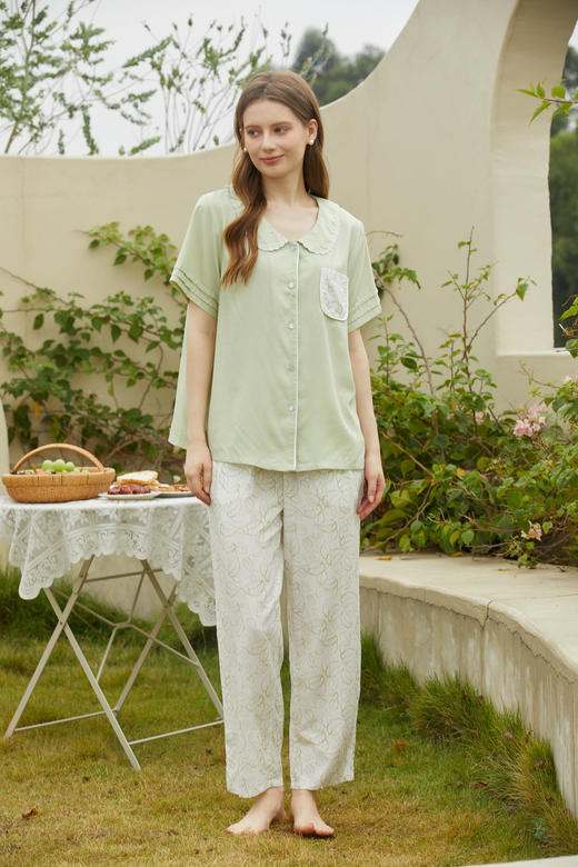 【79元限时秒杀】【秀黛】女莱赛尔绣花翻领短袖套装女士夏季睡衣家居服ML554014T【门店同款】 商品图7