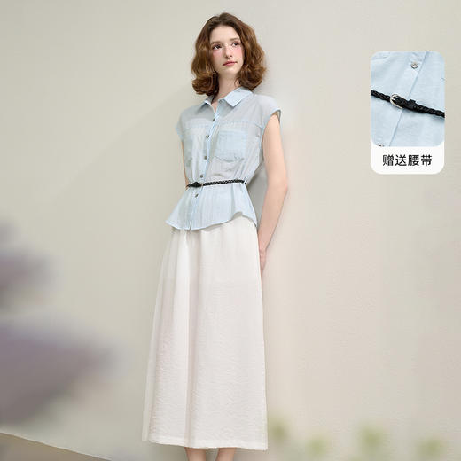 夏日清爽海盐风套装女夏季衬衫搭阔腿裤两件套配饰带H0051075 商品图0