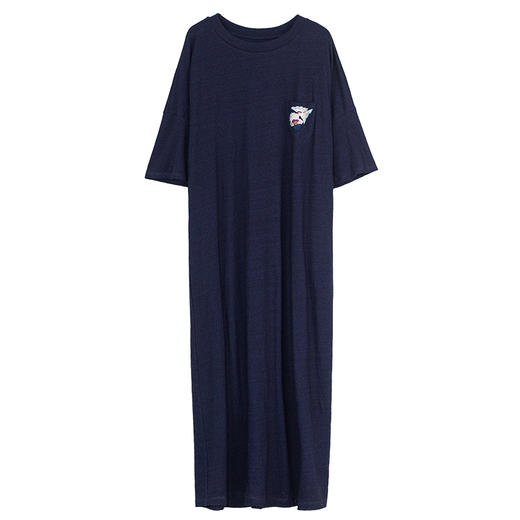 牧衣游原创 酵洗刺绣连衣裙轻薄圆领靛蓝色随性宽松短袖长裙 月景 商品图4