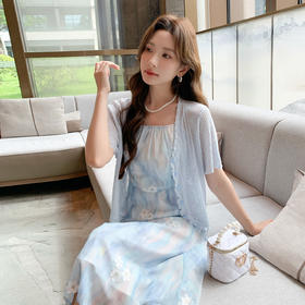 奢姿大码女装2025夏季减龄提花设计两件套胖妹妹印花V领时尚套装9952922219