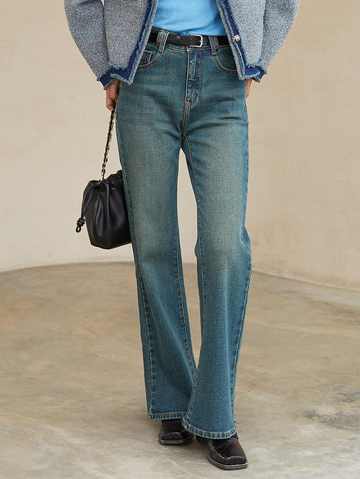 2025 秋冬复古青绿色微喇叭牛仔裤女 高腰显瘦做旧水洗修身显腿长通勤休闲牛仔长裤 商品图0