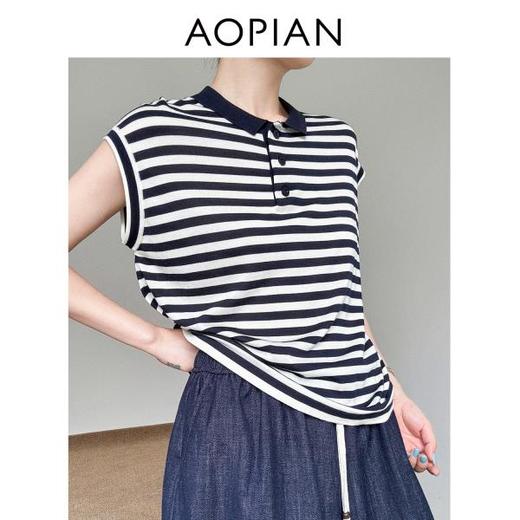 奥篇大王条纹短袖T 天丝真丝混纺纱 小翻领包肩短袖T 商品图2